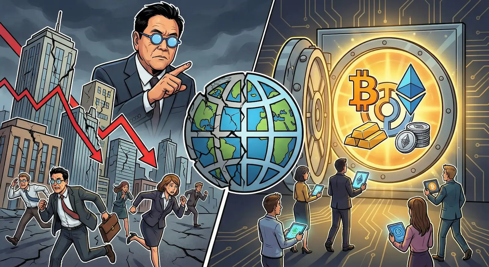 Illustration of Robert Kiyosaki's warning showing traditional market crash with fleeing investors contrasted against Bitcoin and Ethereum as safe haven assets in vault