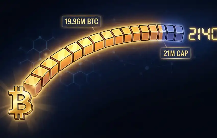 Bitcoin supply visualization showing 19.96M BTC mined progressing toward the 21M cap by year 2140, with golden blocks representing mined coins and blue blocks representing remaining supply