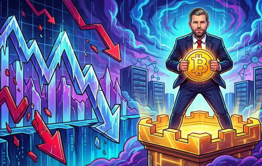 Illustration of Eric Trump holding Bitcoin symbol beside falling stock chart with red arrows