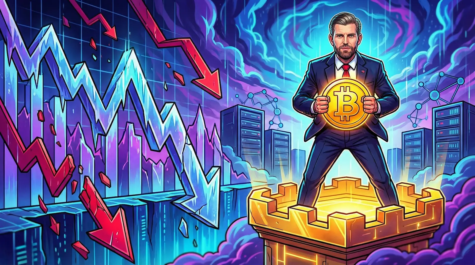 Illustration of Eric Trump holding Bitcoin symbol beside falling stock chart with red arrows