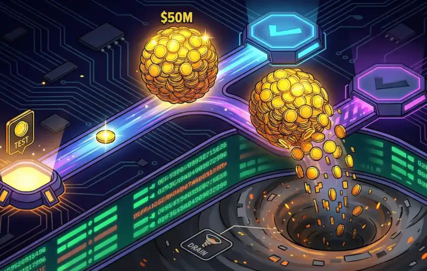 Illustration of address poisoning crypto scam showing $50M in gold coins flowing from a small test transaction through blockchain checkpoints before draining into a black vortex, representing how stolen USDT was laundered after the attack