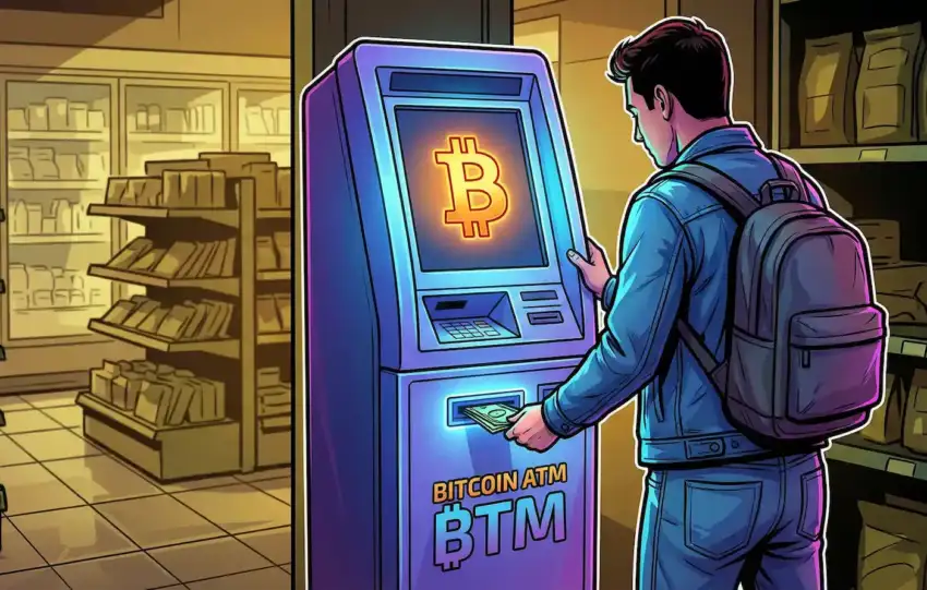 Illustration of a person inserting cash into a Bitcoin ATM kiosk inside a convenience store