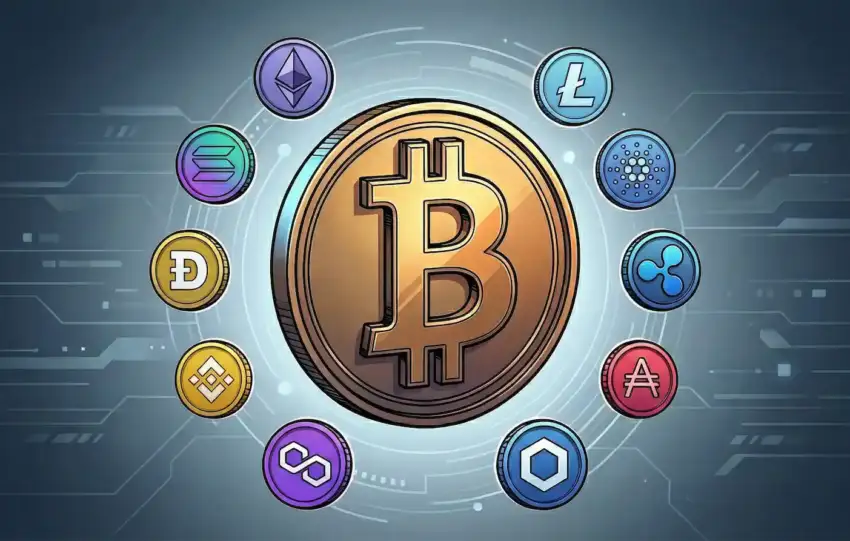 Large gold Bitcoin coin centered with eight smaller altcoin symbols arranged in a ring around it, including Ethereum, Solana, XRP, Cardano, Avalanche, Polygon, Chainlink, and BNB