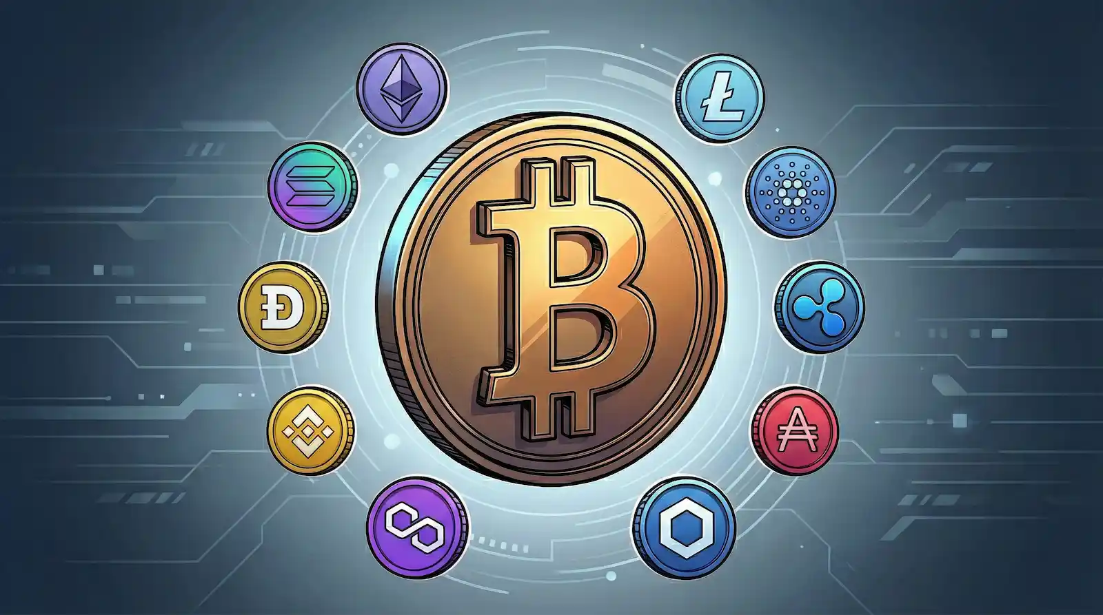 Large gold Bitcoin coin centered with eight smaller altcoin symbols arranged in a ring around it, including Ethereum, Solana, XRP, Cardano, Avalanche, Polygon, Chainlink, and BNB