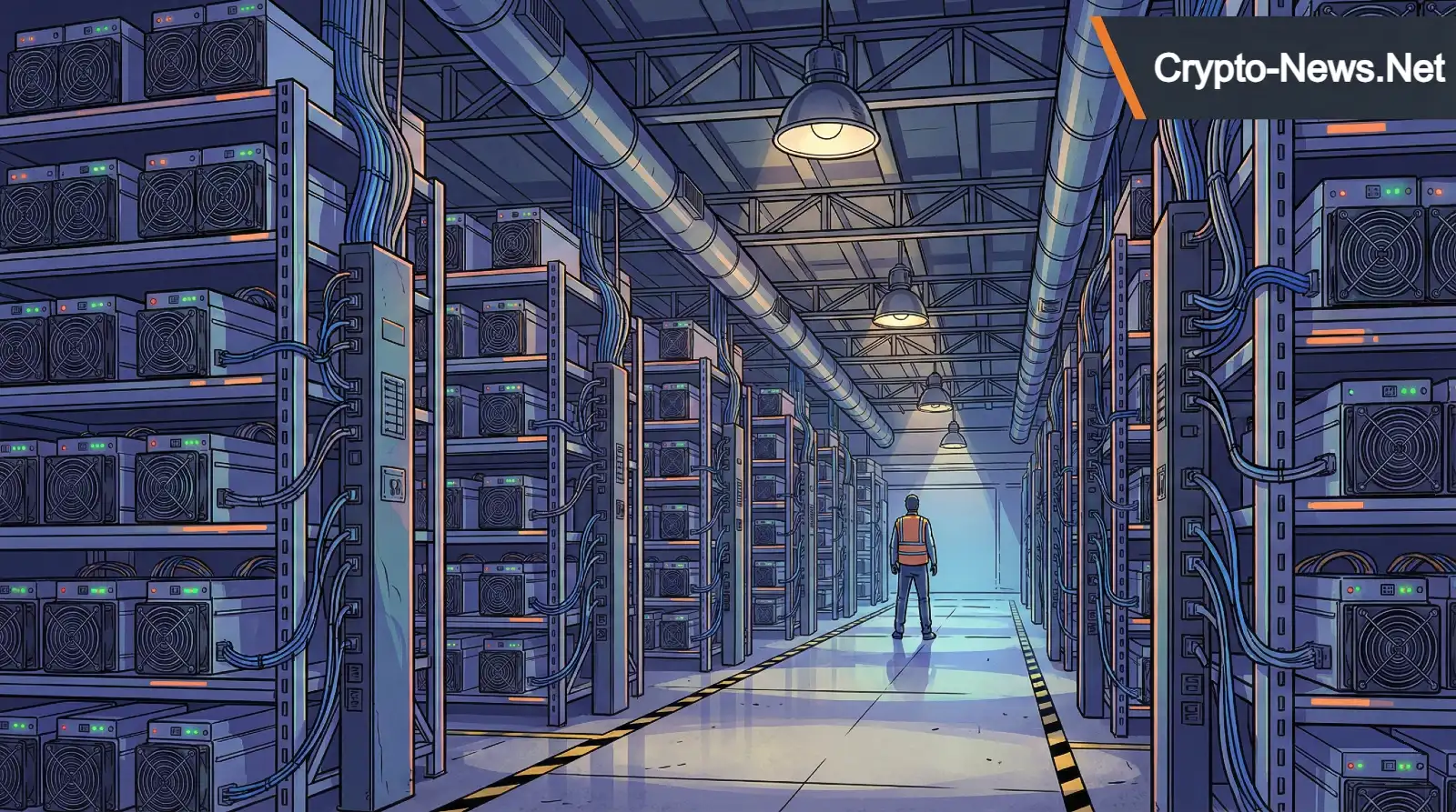 Illustrated interior of a Bitcoin mining farm showing rows of ASIC mining rigs with cooling ducts and a worker in a safety vest