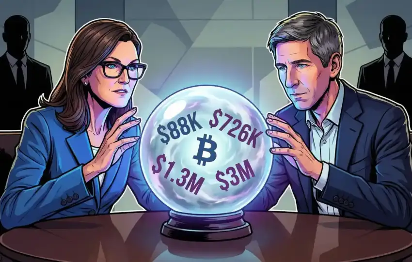 Two financial analysts examine a crystal ball showing Bitcoin price predictions ranging from $88K to $3M for 2035
