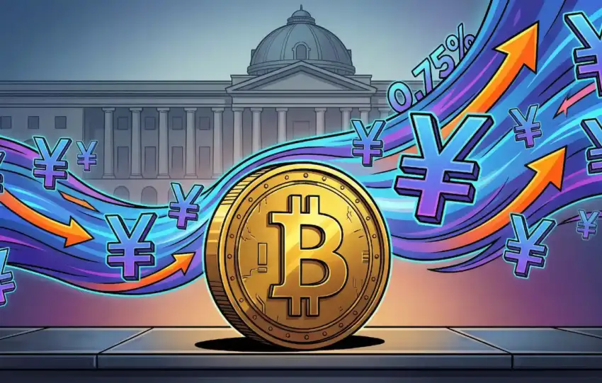 Bitcoin coin with Japanese yen symbols and 0.75% rate indicator against Bank of Japan building background