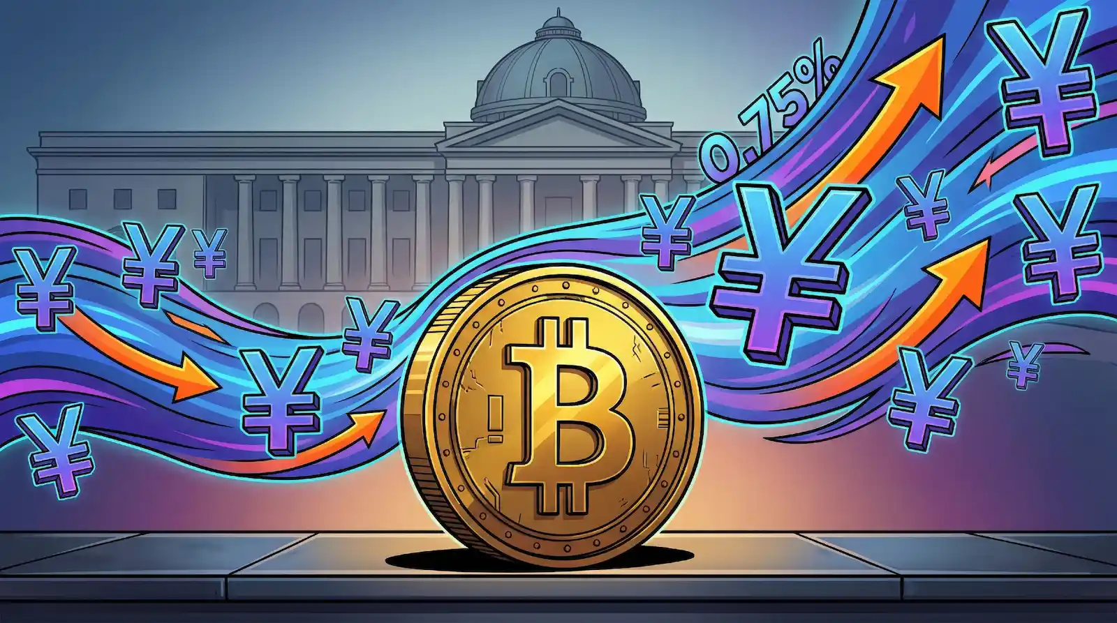 Bitcoin coin with Japanese yen symbols and 0.75% rate indicator against Bank of Japan building background