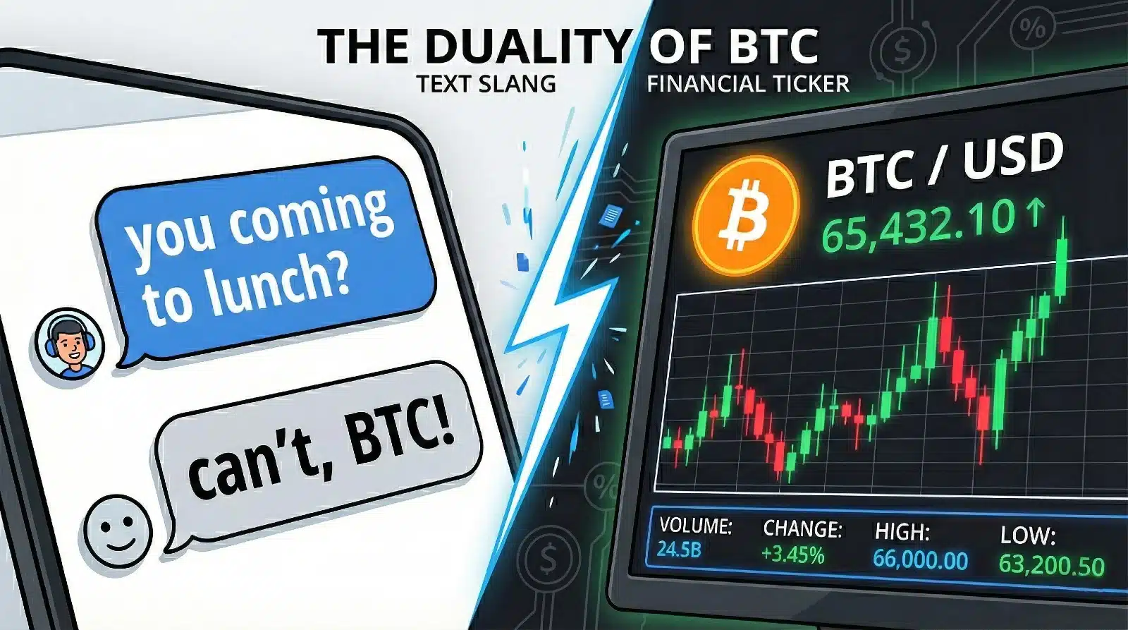 Split screen showing smartphone text messages on one side and Bitcoin trading interface on the other, illustrating the dual meaning of BTC |