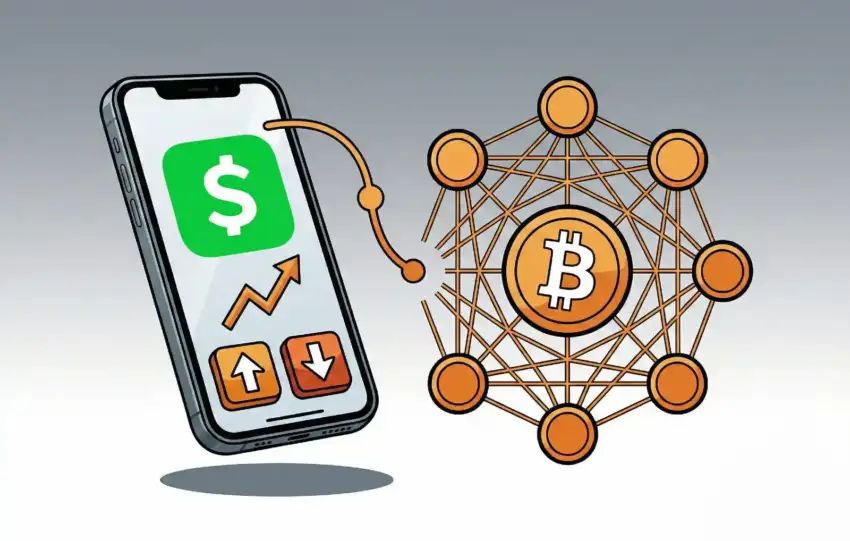 Smartphone displaying Cash App interface with green dollar sign logo and buy/sell arrows, connected to Bitcoin network visualization with orange BTC symbol and interconnected nodes