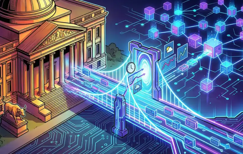 Chainlink ETF illustration showing classical stock exchange building connected via data portal to blockchain network, representing NYSE Arca parent ICE partnership with Chainlink oracle technology