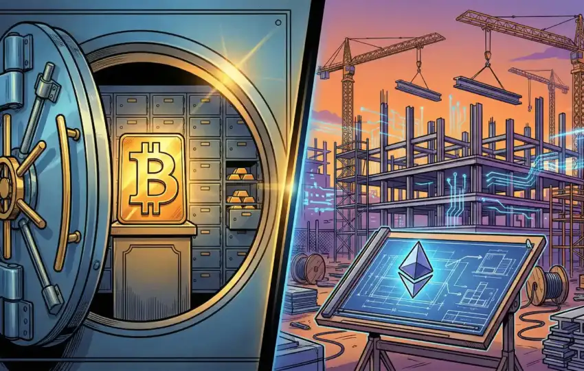 Split-screen illustration comparing Bitcoin as a gold vault representing store of value and Ethereum as a construction site representing a building platform for decentralized applications