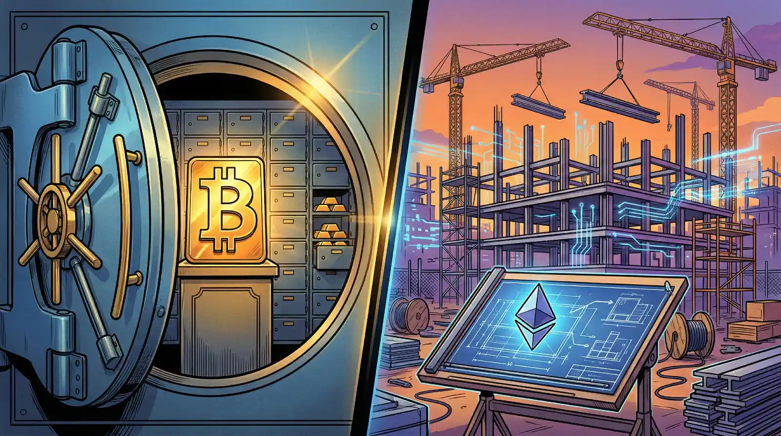 Split-screen illustration comparing Bitcoin as a gold vault representing store of value and Ethereum as a construction site representing a building platform for decentralized applications