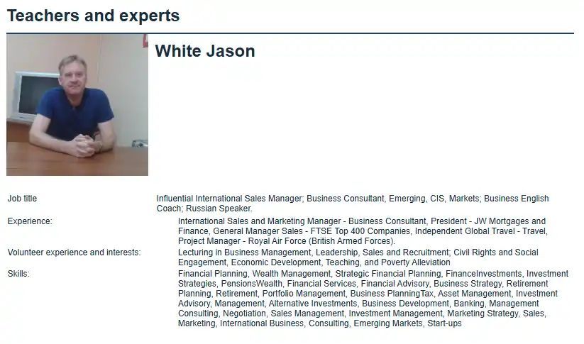 Profile page for Jason White on minro.ru showing headshot and credentials as International Sales Manager, Business Consultant for Emerging CIS Markets, and Russian Speaker