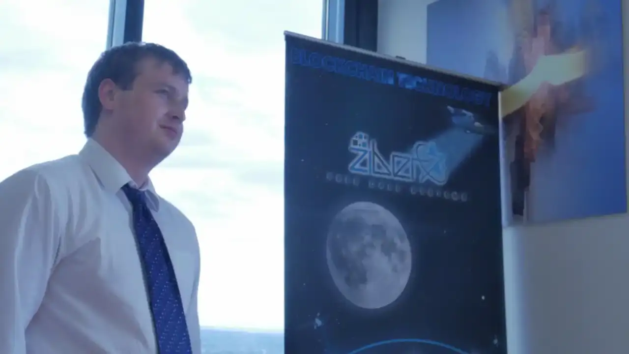 Ziber CEO Mark Braun in white shirt and purple tie standing beside promotional banner featuring Ziber logo, moon imagery, spacecraft, and "Blockchain Technology" and "Free Call Systems" text