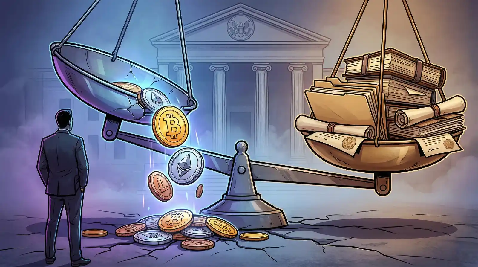 Illustration of a balance scale in front of a government building with the US seal. One side holds legal documents and case files that outweigh the other side, which shows Bitcoin, Ethereum, and other cryptocurrency coins spilling out. A figure in a business suit observes the imbalance, representing the SEC's decision to drop over 60% of inherited crypto enforcement cases in 2025.