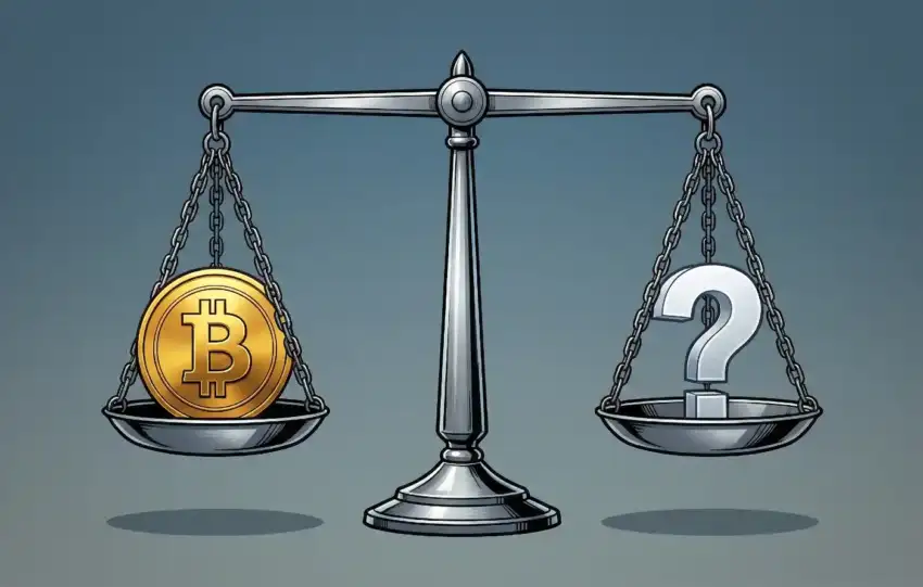 Balance scale weighing golden Bitcoin coin against silver question mark, representing the investment decision