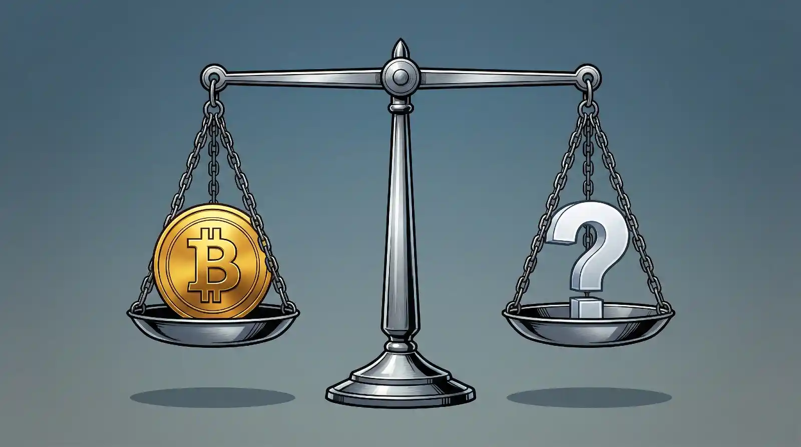Balance scale weighing golden Bitcoin coin against silver question mark, representing the investment decision