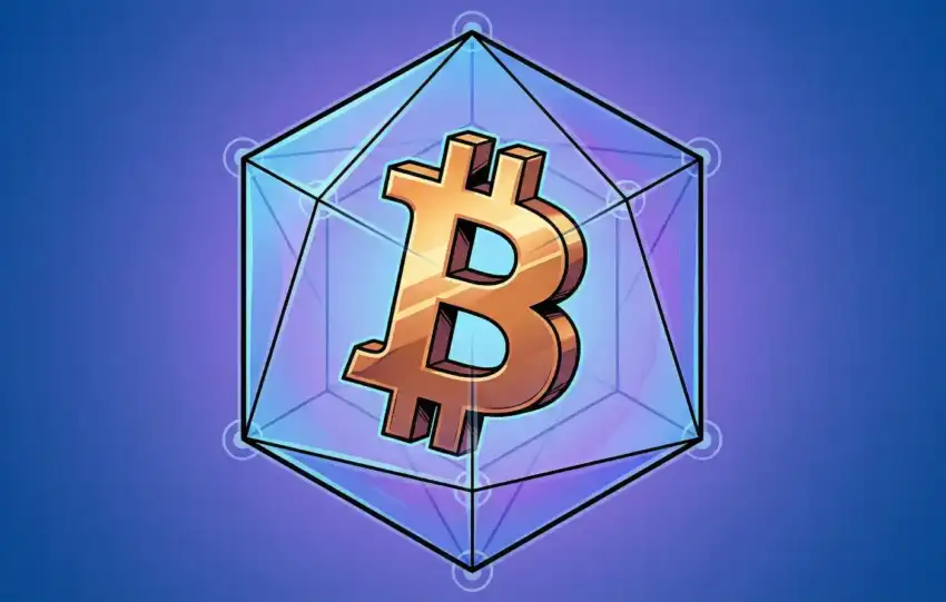 An illustration of gold Bitcoin symbol enclosed within transparent purple-blue geometric wrapper representing Wrapped Bitcoin (WBTC) concept