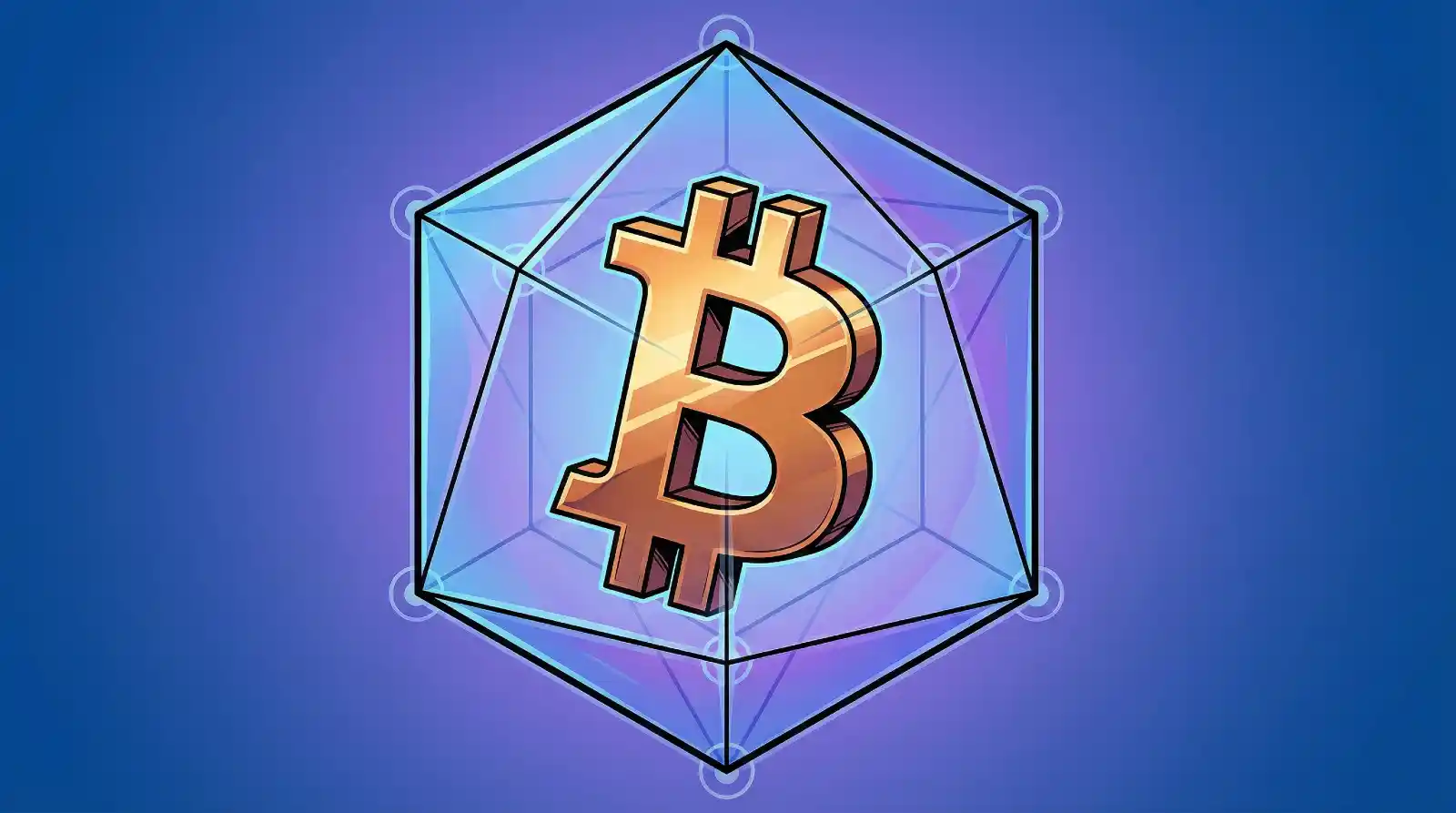 An illustration of gold Bitcoin symbol enclosed within transparent purple-blue geometric wrapper representing Wrapped Bitcoin (WBTC) concept