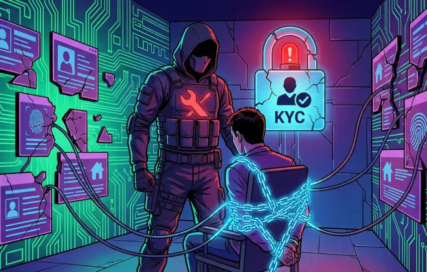 Wrench attack illustration showing hooded attacker over chained crypto victim surrounded by leaked KYC data
