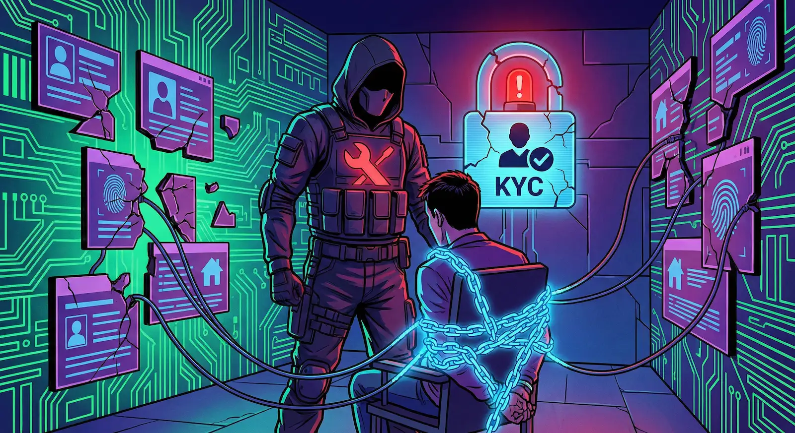 Wrench attack illustration showing hooded attacker over chained crypto victim surrounded by leaked KYC data