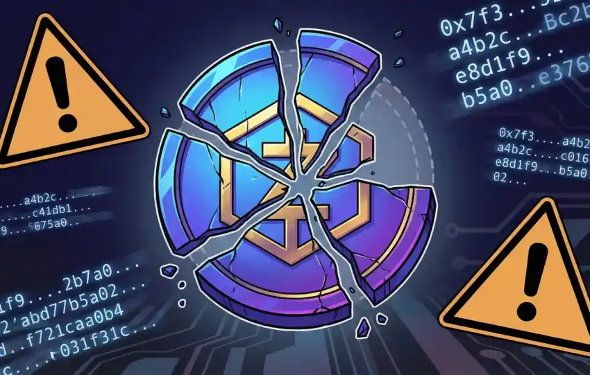 Shattered cryptocurrency token with warning symbols and blockchain wallet addresses representing the Ziber ICO exit scam