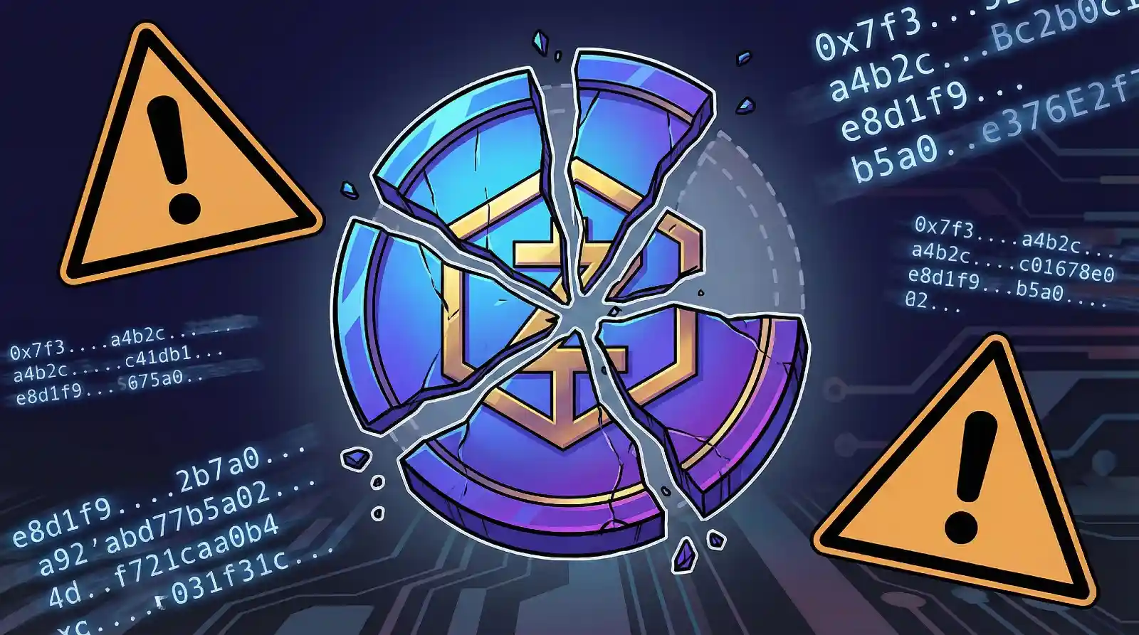 Shattered cryptocurrency token with warning symbols and blockchain wallet addresses representing the Ziber ICO exit scam