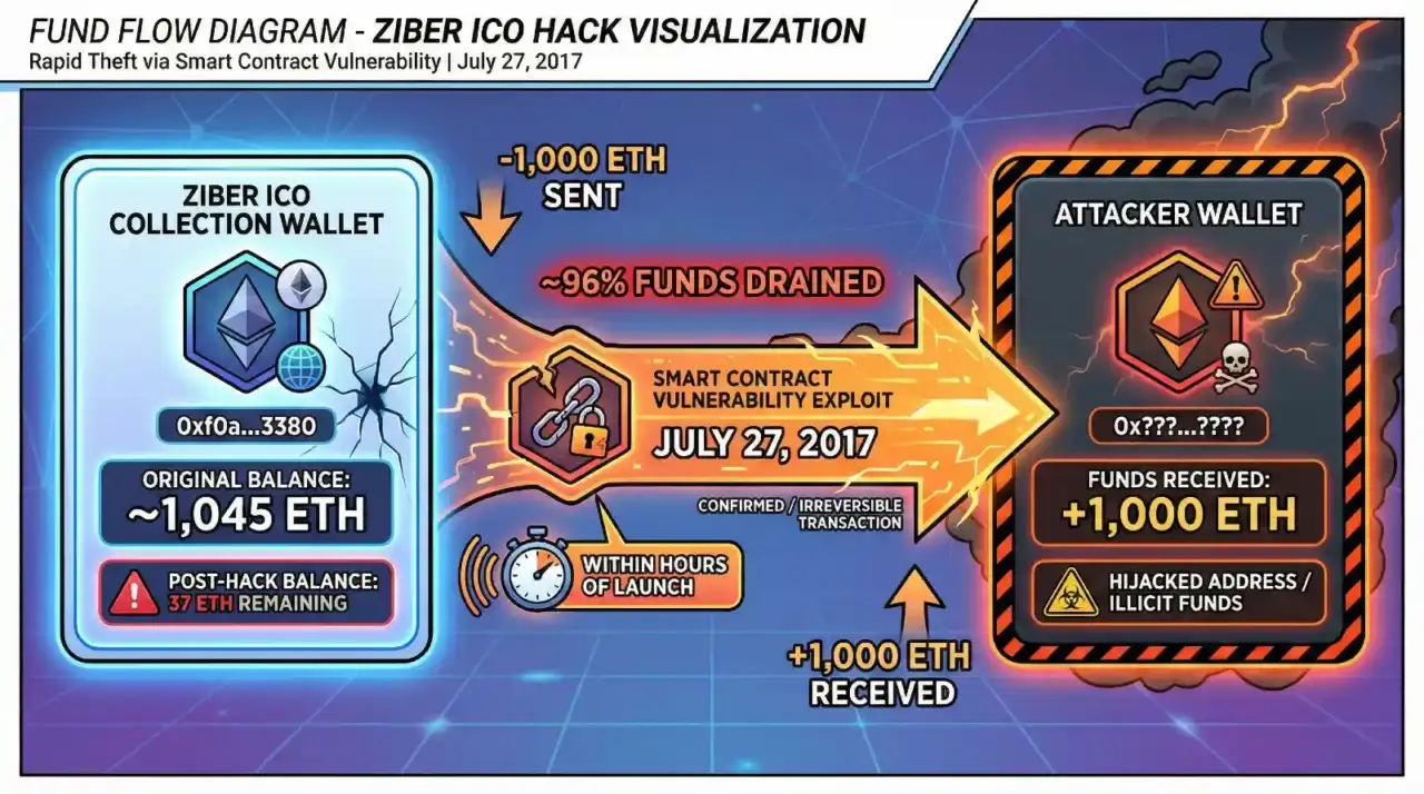 Fund flow diagram showing how the Ziber ICO smart contract vulnerability drained approximately 1,000 ETH from the collection wallet to an attacker wallet on July 27, 2017