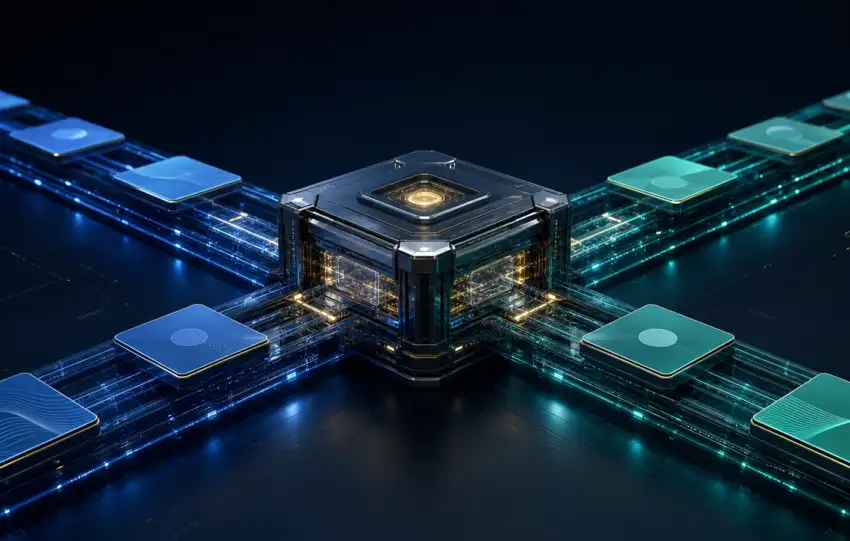 Editorial illustration of tokenized securities moving through institutional settlement infrastructure