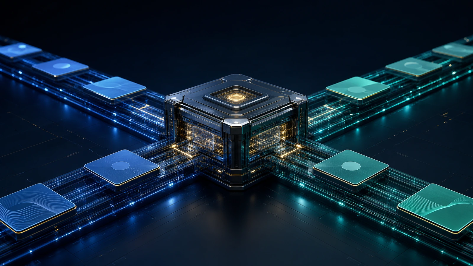 Editorial illustration of tokenized securities moving through institutional settlement infrastructure