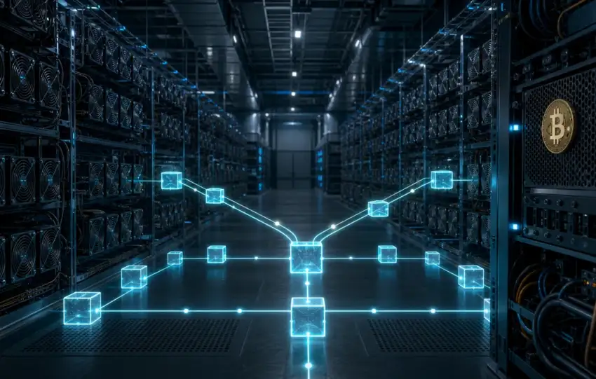 Bitcoin mining machines surround a glowing network junction inside a dark data center.