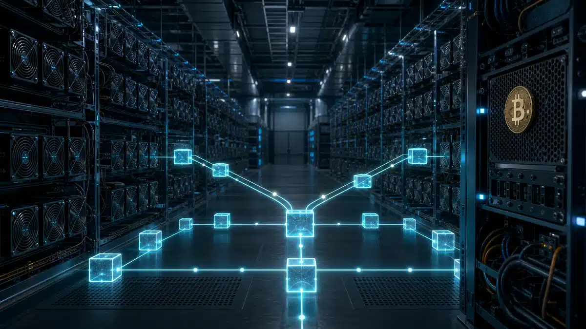 Bitcoin mining machines surround a glowing network junction inside a dark data center.