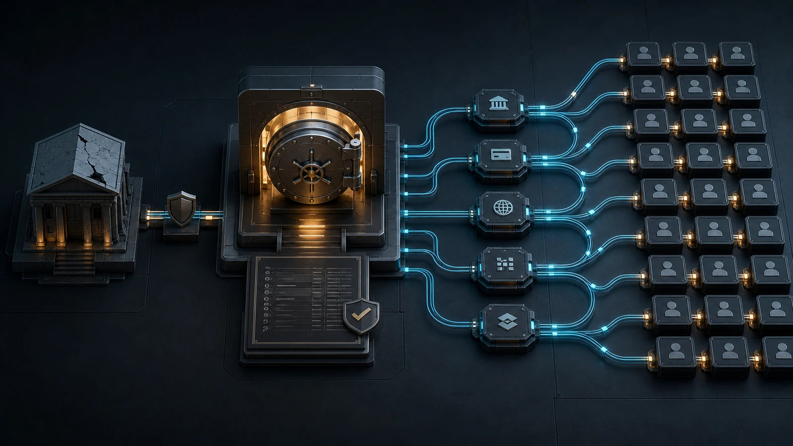 Editorial illustration of a recovery trust distributing funds through verified payment channels to creditor accounts