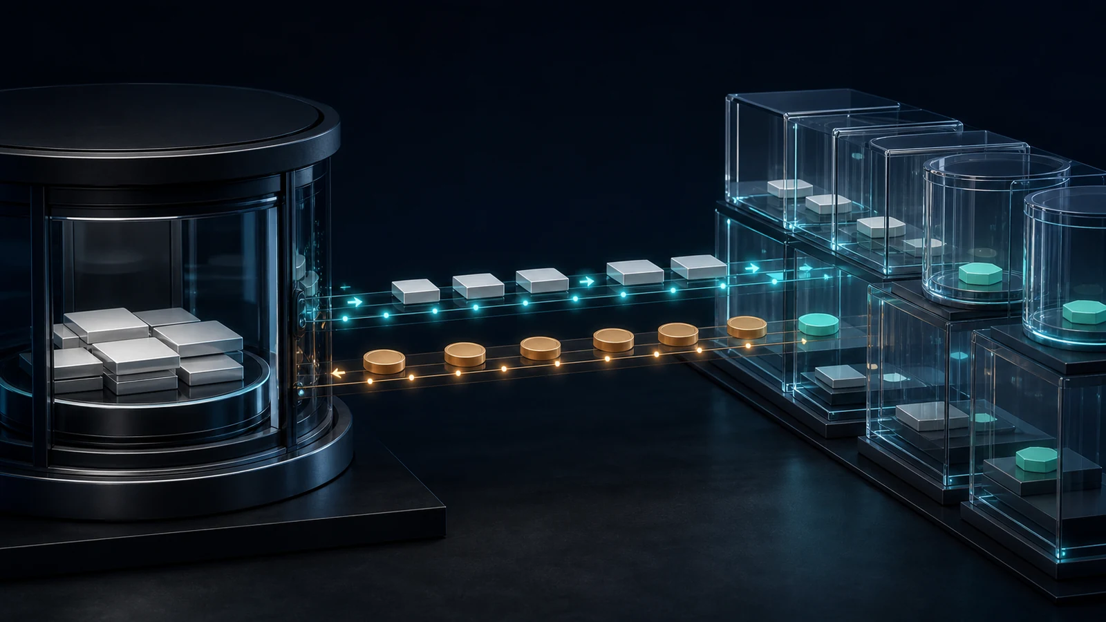 Illustration of assets moving from institutional custody into onchain vaults as position tokens return
