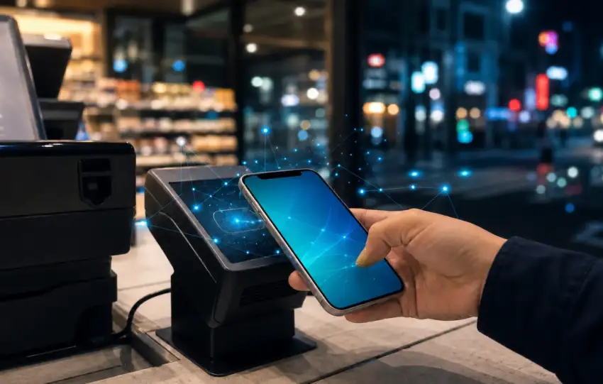 Checkout terminal representing a yen stablecoin payment test in a Tokyo convenience-store setting