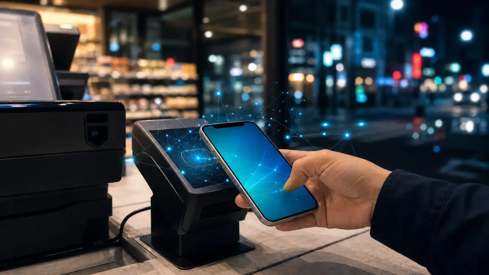 Checkout terminal representing a yen stablecoin payment test in a Tokyo convenience-store setting