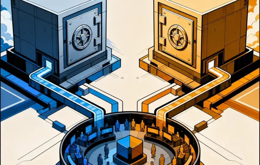 Abstract comic-style illustration of twin institutional vault cubes linked to a central exchange hub for Morgan Stanley Ethereum Solana trust listing story