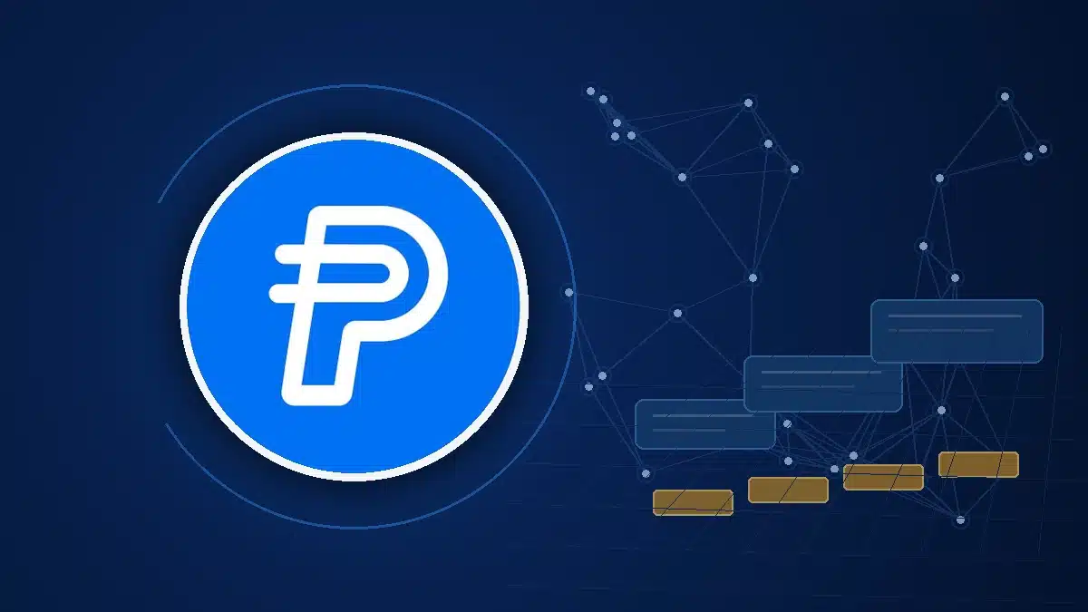 Official PayPal USD (PYUSD) logo on a blue blockchain and reserve-asset background.