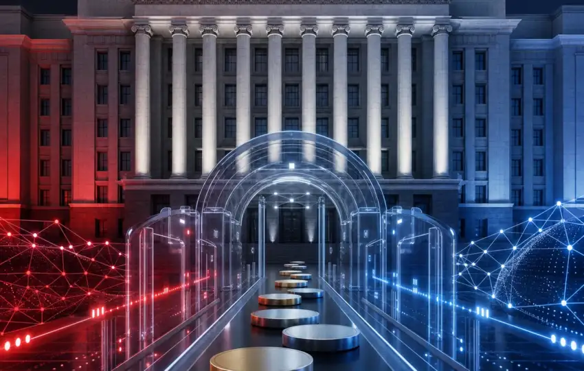 Crypto-market measure visualized as blank tokens moving through a transparent gateway before a parliament building.