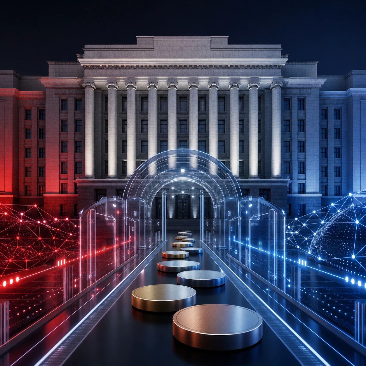 Crypto-market measure visualized as blank tokens moving through a transparent gateway before a parliament building.