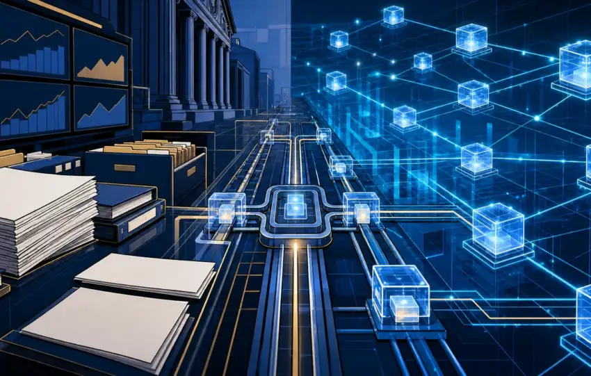Editorial illustration of public offering documents connected to blockchain infrastructure