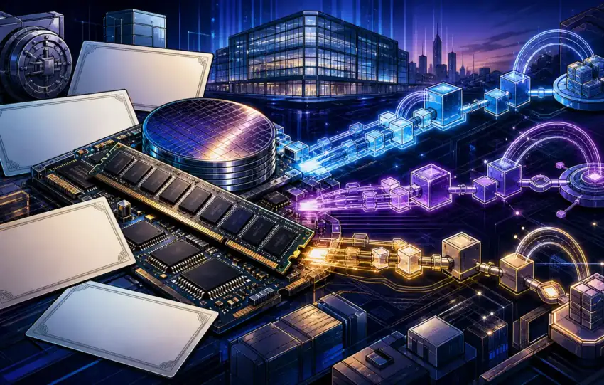Semiconductor memory chips linked to abstract Nasdaq trading rails and multi chain tokenization networks