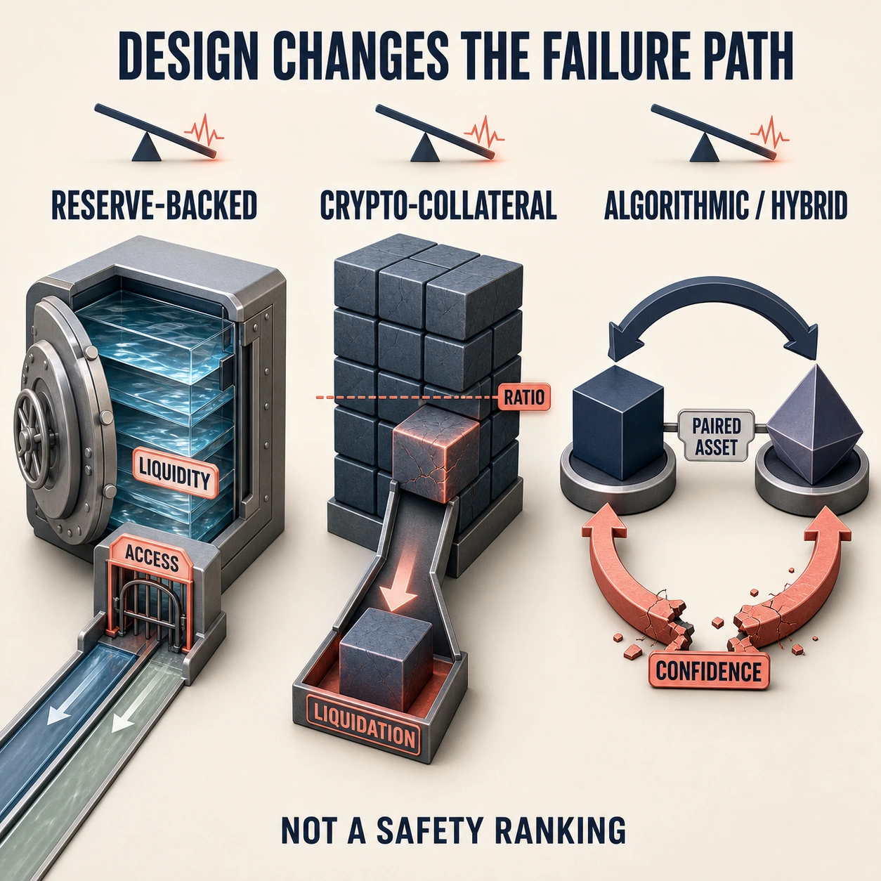 Generated three-part editorial infographic showing reserve access, crypto-collateral liquidation and paired-asset confidence as different stablecoin stress mechanisms