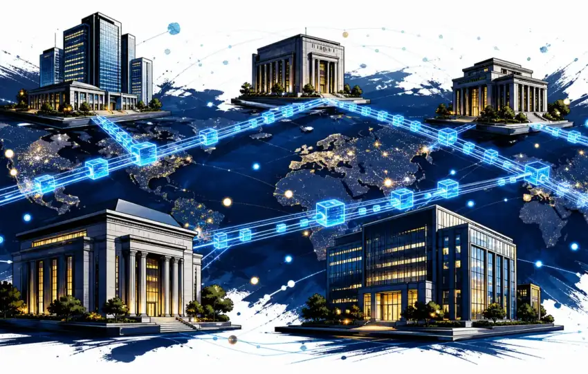 Swift blockchain ledger illustration showing global banks connected by digital payment rails