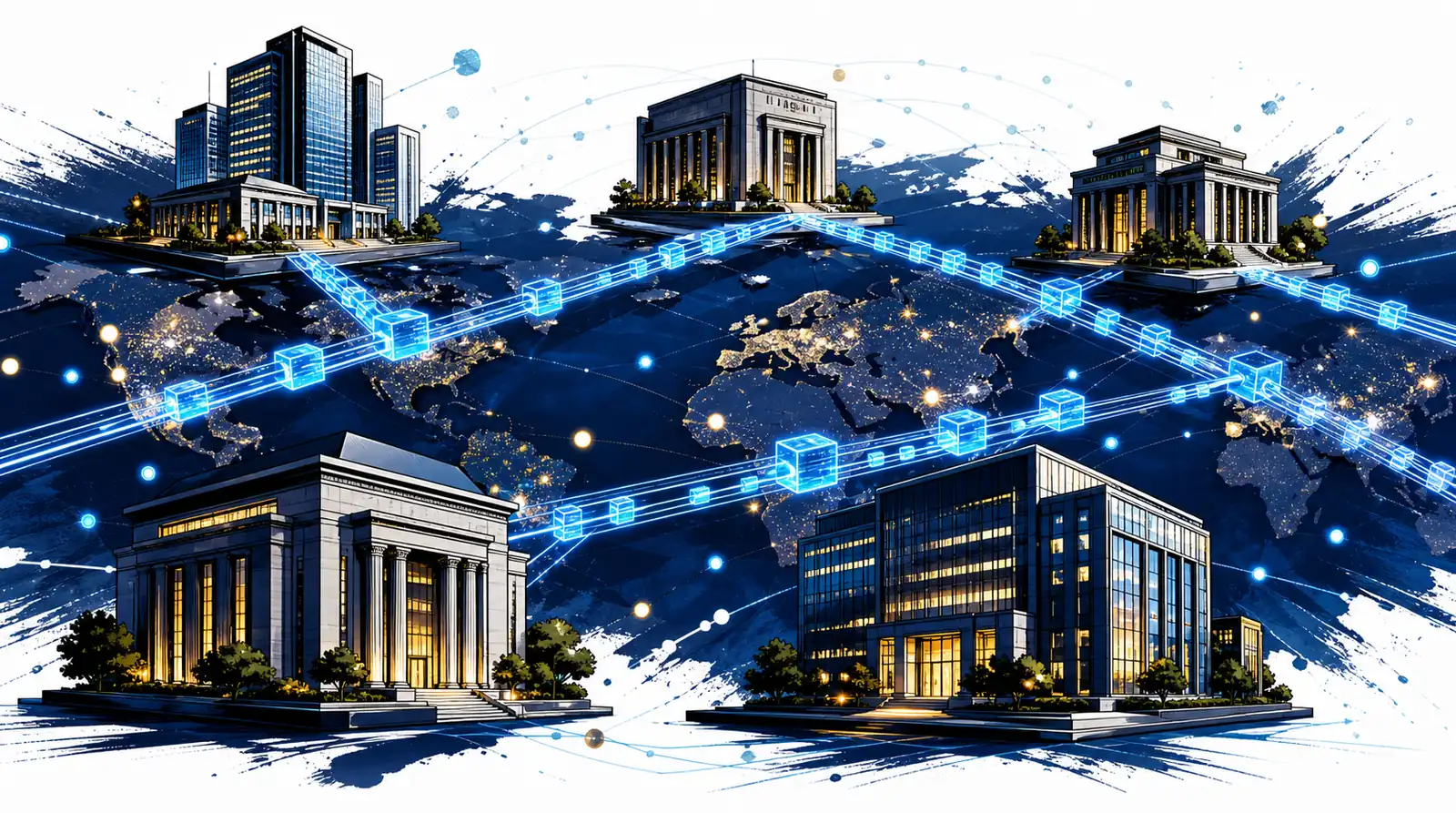 Swift blockchain ledger illustration showing global banks connected by digital payment rails