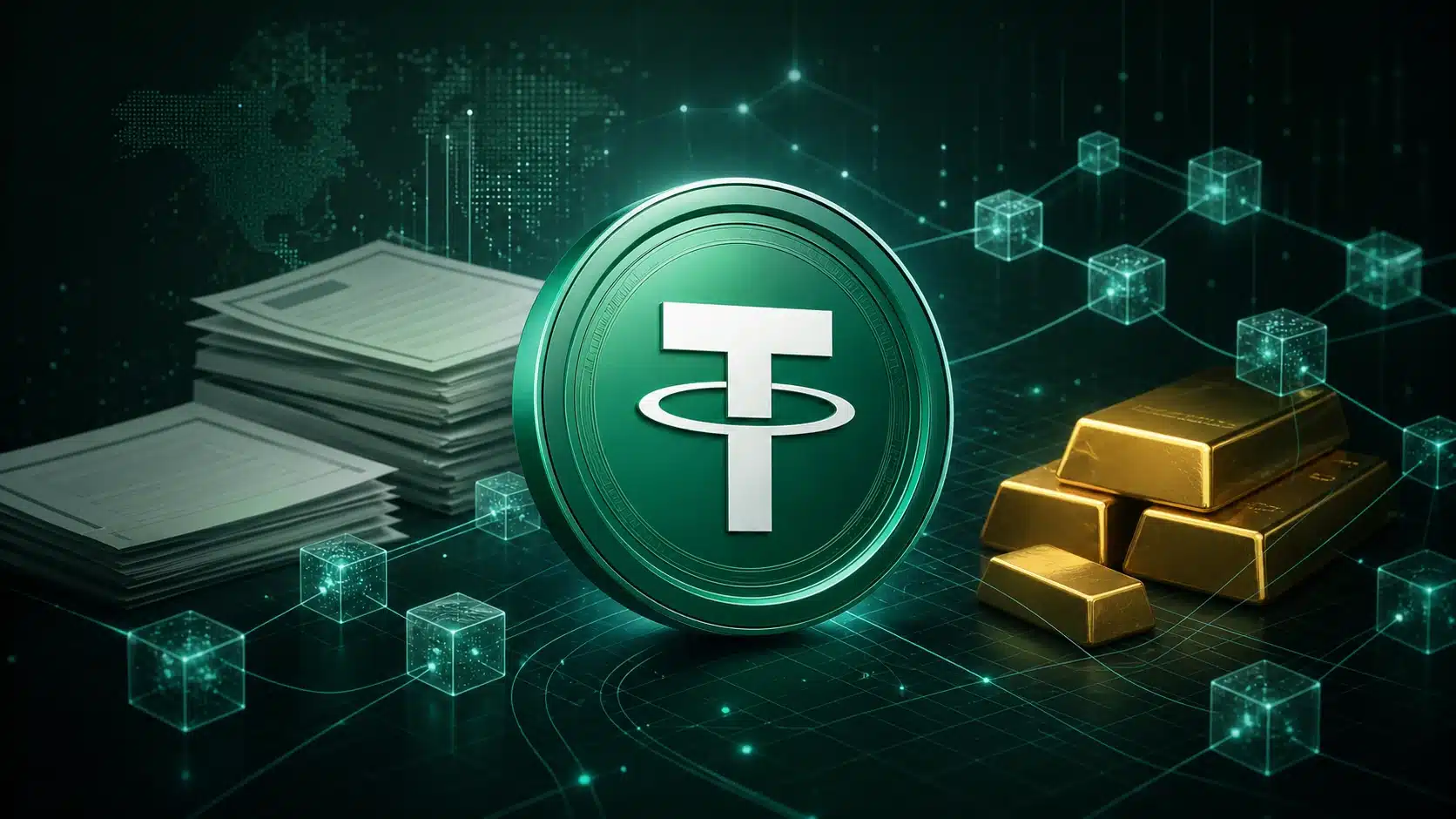 Tether USDT token with blockchain network and reserve asset imagery
