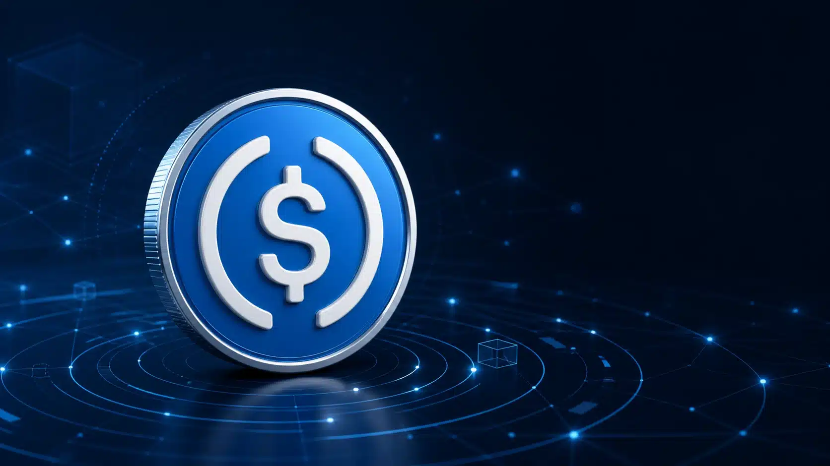 USDC digital dollar coin on a blue blockchain network background