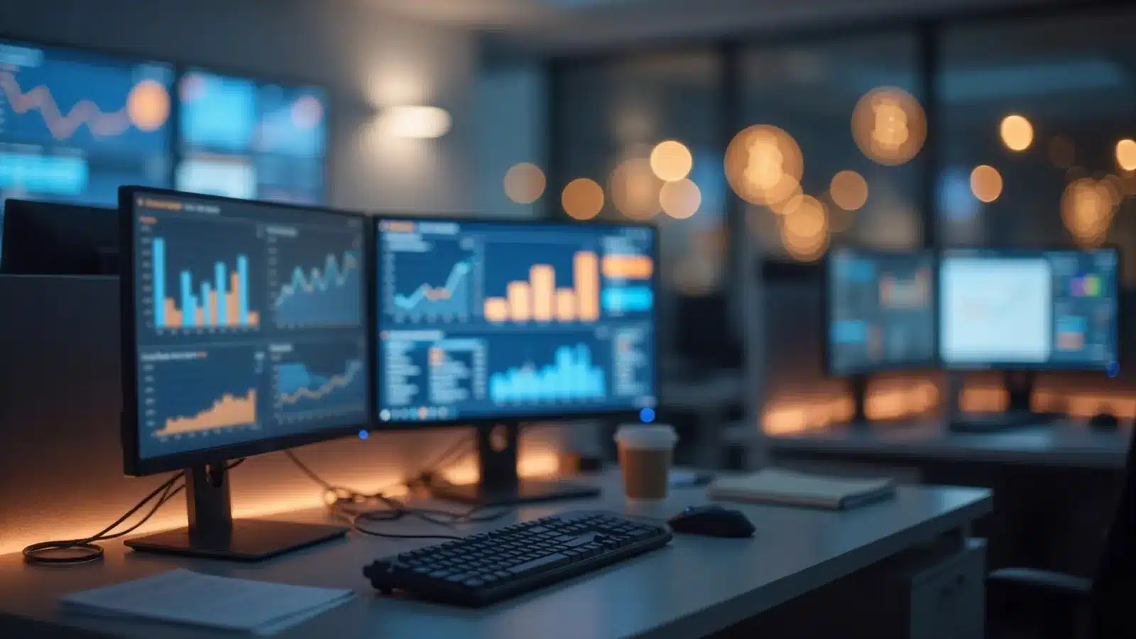 Abstract editorial view of institutional trading screens with bitcoin motif, no readable text