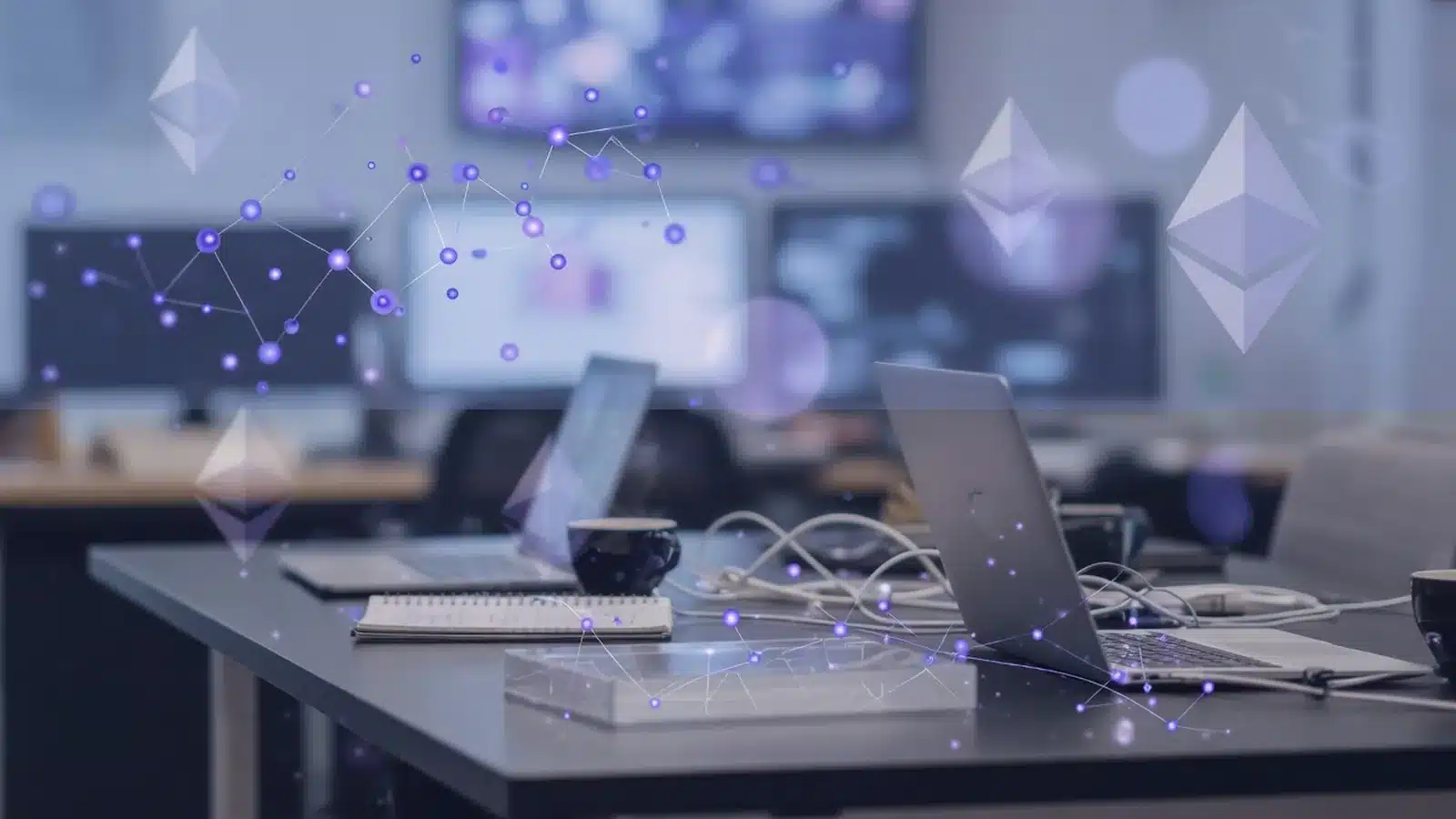 Ethereum ETF inflows theme with abstract network nodes and soft desk glow, no readable text